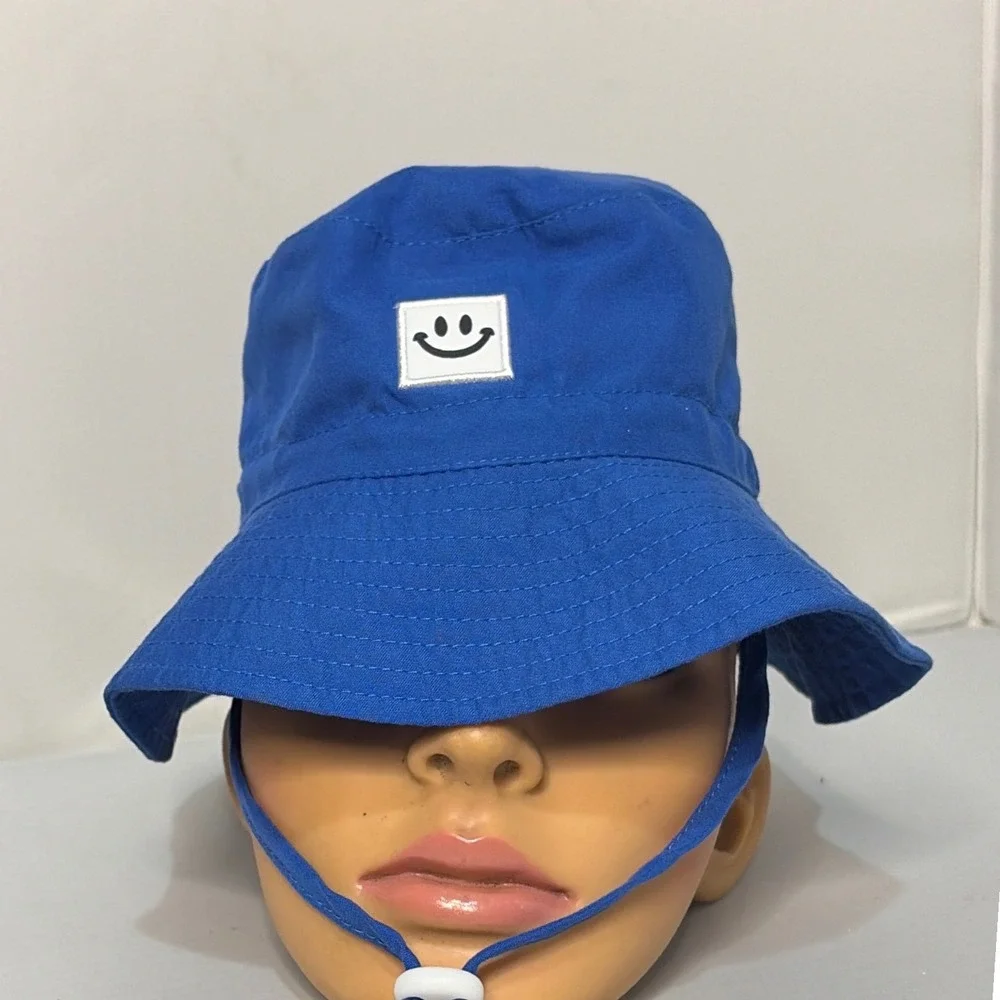Royal Blue Smiley Face Bucket Hat UPF 50+ Adjustable Chin Strap 46cm